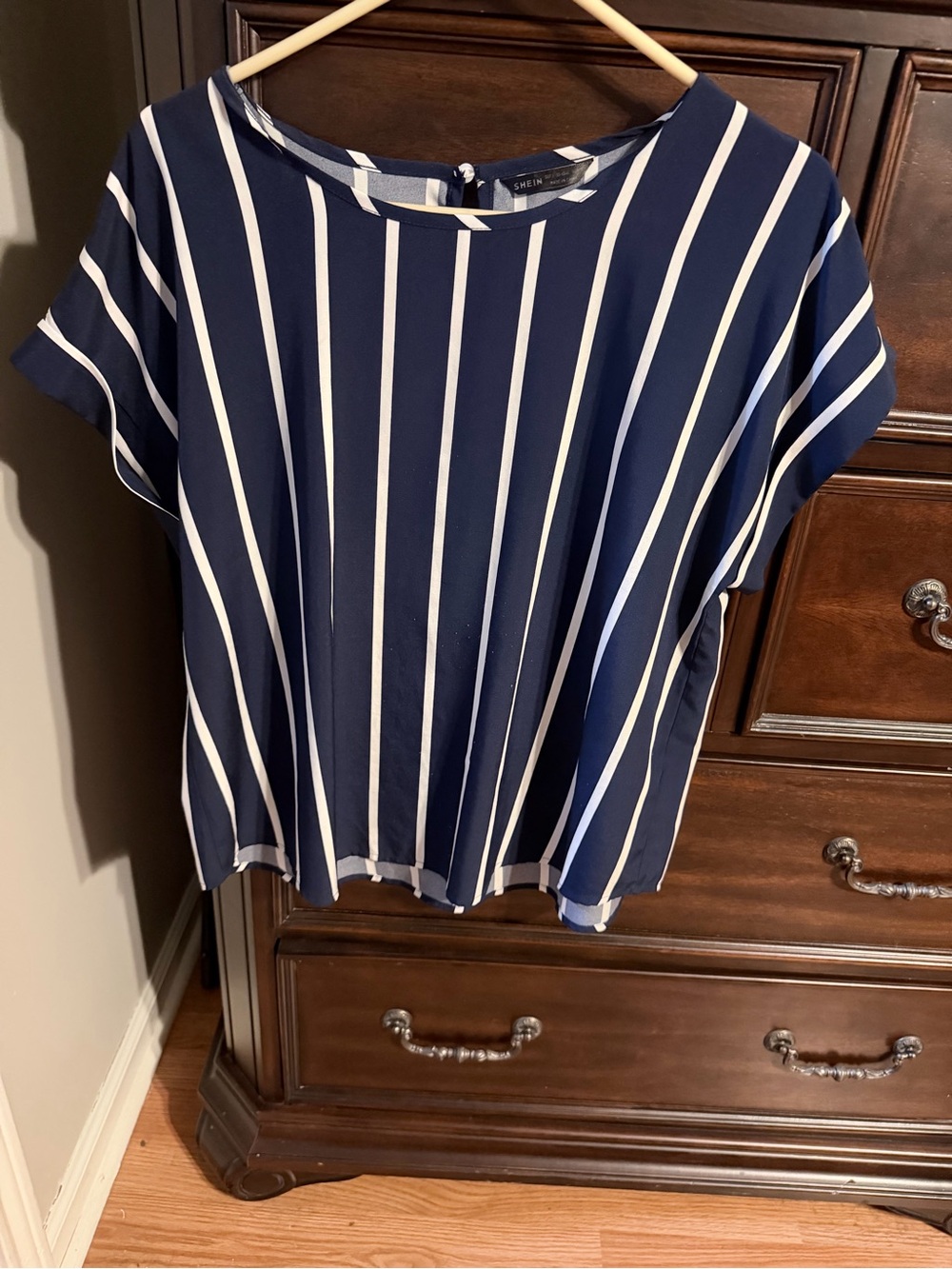 SHEIN Navy and White Vertical Stripe Short Sleeve Blouse